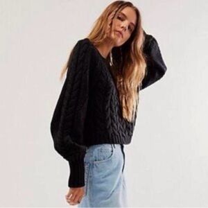 NWT Free People Sandra Cable Stitch Pullover in Black
